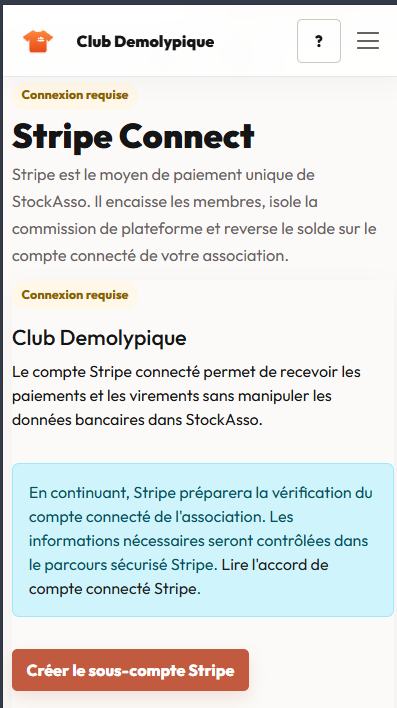 Écran Stripe Connect de StockAsso avec le bouton « Créer le sous-compte Stripe »
