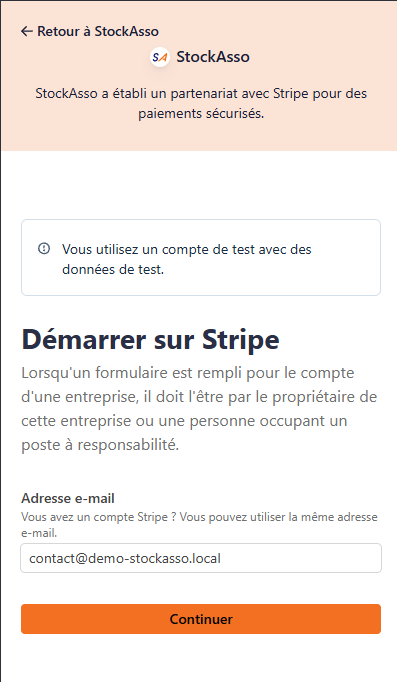Page Stripe avec le formulaire de démarrage du compte