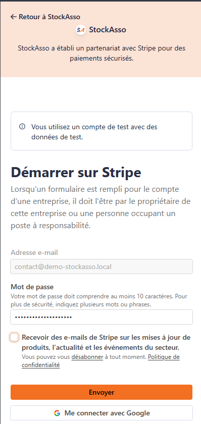 Formulaire Stripe avec le champ « Mot de passe » et le bouton « Envoyer »