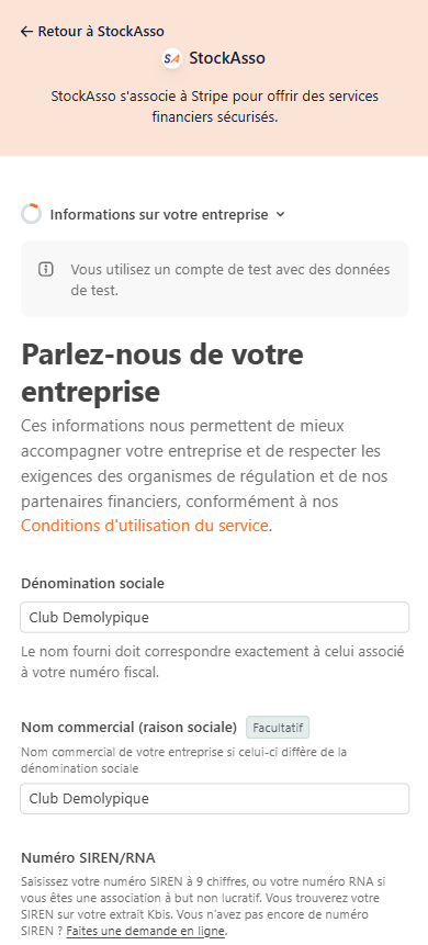 Formulaire Stripe des informations sur l’entreprise