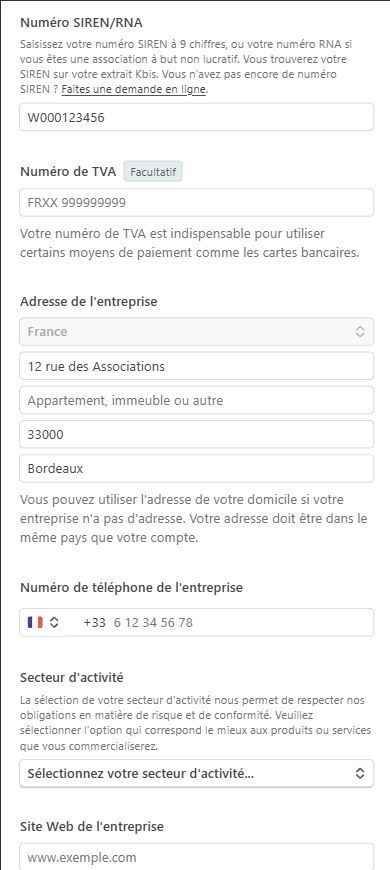 Formulaire Stripe avec l’adresse, le téléphone et le secteur d’activité