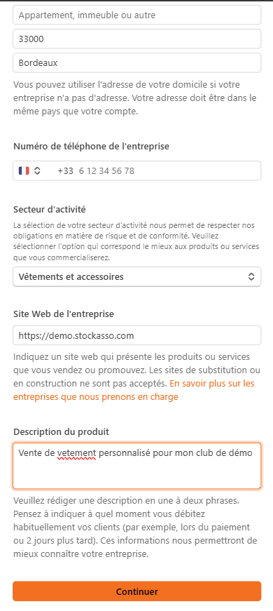 Formulaire Stripe avec le site web et la description de l’activité