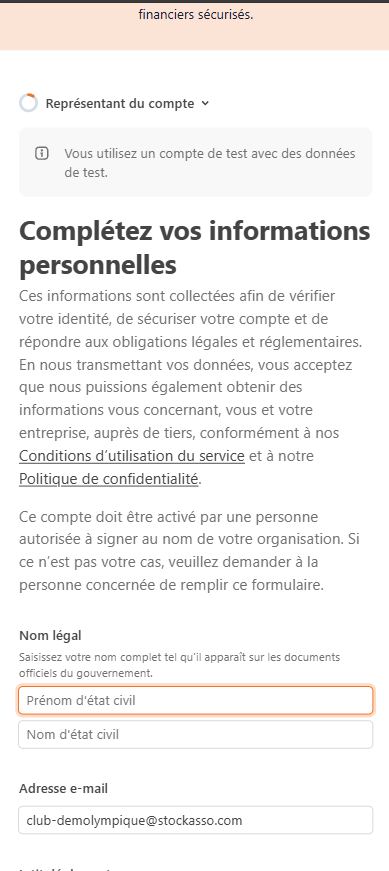 Formulaire Stripe du représentant du compte