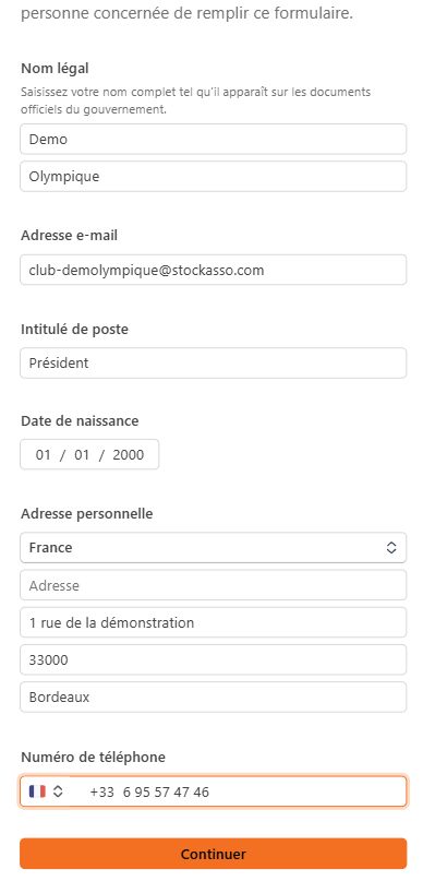 Suite du formulaire Stripe du représentant du compte