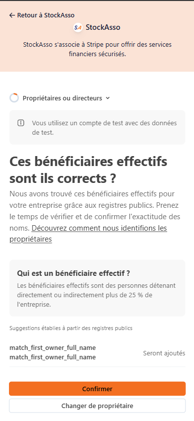 Écran Stripe de vérification des bénéficiaires effectifs