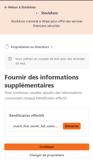 Écran Stripe demandant des informations supplémentaires sur les bénéficiaires effectifs