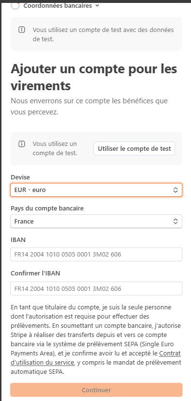 Formulaire Stripe pour ajouter le compte bancaire destiné aux virements