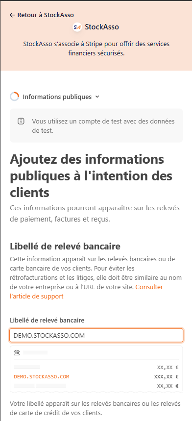 Formulaire Stripe des informations publiques et du libellé de relevé bancaire