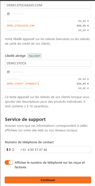 Suite du formulaire Stripe des informations publiques et du service de support
