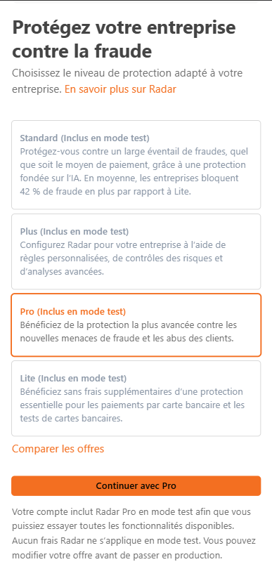 Choix du niveau de protection contre la fraude Radar