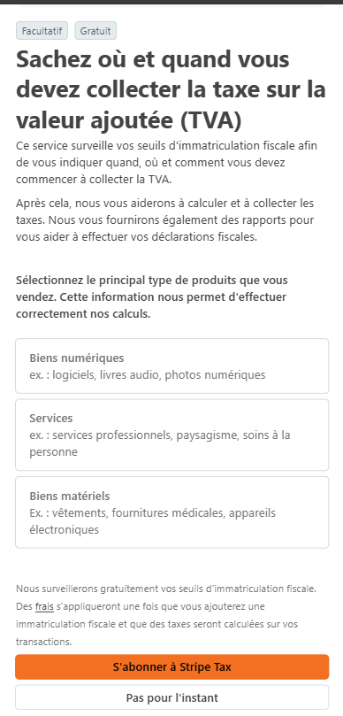 Choix du type de produits pour Stripe Tax