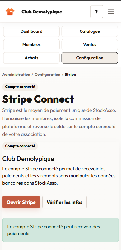 Compte Stripe connecté dans StockAsso